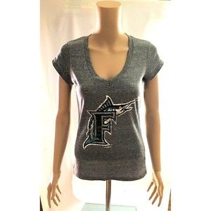 MLB Florida Marlins T Shirt Juniors Small Gray Tri Blend Cotton V Neck NEW